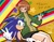Size: 2048x1603 | Tagged: safe, artist:superguy551, sonic the hedgehog, human, 2026, abstract background, blushing, chie satonaka, crossover, crossover shipping, duo, female, hand on another's head, headpats, looking at viewer, male, persona (series), shipping, sitting, smile, smiling at viewer, straight, tongue out, v sign