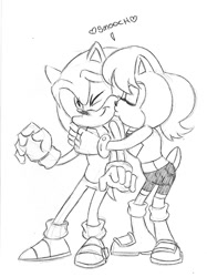 Size: 593x794 | Tagged: safe, artist:chauvels, sally acorn, sonic the hedgehog, chipmunk, hedgehog, 2014, black and white, duo, english text, eyes closed, female, kiss, looking at them, male, sally x sonic, sally's ringblader outfit, shipping, smooch, standing, straight