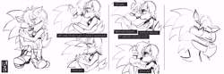 Size: 8400x2800 | Tagged: safe, artist:roseduelistbbshm, sally acorn, sonic the hedgehog, chipmunk, hedgehog, 2022, alternate version, comforting, comic, dialogue, duo, english text, female, hands on another's cheek, hugging, kiss, looking at each other, male, sally x sonic, shipping, sitting, sketch, straight