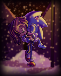 Size: 1161x1441 | Tagged: safe, artist:angier3741, sally acorn, sonic the hedgehog, chipmunk, hedgehog, 2012, building, carrying them, duo, eyes closed, female, happy, male, nighttime, open mouth, open smile, sally x sonic, sally's ringblader outfit, shipping, smile, snow, snowing, straight, tears, tears of happiness, walking