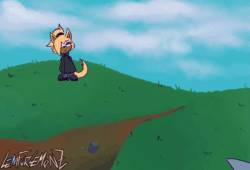 Size: 1280x870 | Tagged: safe, artist:lemfurlemonz, tangle the lemur, whisper the wolf, lemur, wolf, animated, clouds, daytime, duo, duo female, female, field, gif, grabbing, grass, grass field, hill, hugging, outdoors, path, shipping, surprised, tail hug, tangle x whisper, watermark
