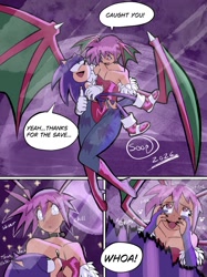 Size: 1124x1500 | Tagged: safe, artist:superguy551, sonic the hedgehog, 2026, carrying them, comic, crossover, crossover shipping, darkstalkers, duo, english text, female, flying, hands on own face, humanoid, lidded eyes, lilith (darkstalkers), looking at each other, looking at them, male, mouth open, shipping, smile, speech bubble, straight, thumbs up, wings