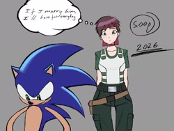 Size: 2048x1536 | Tagged: safe, artist:superguy551, sonic the hedgehog, human, 2026, crossover, crossover shipping, duo, english text, female, grey background, looking at them, male, rebecca chambers, redraw, resident evil, shipping, simple background, smile, standing, straight, thought bubble