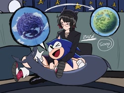 Size: 2048x1536 | Tagged: safe, artist:soop215, sonic the hedgehog, sonic cd, 2026, arrow, crossover, crossover shipping, duo, ellen joe, female, humanoid, indoors, little planet, looking at each other, looking at them, male, mouth open, one eye closed, planet, shipping, sitting, sitting on lap, smile, straight, zenless zone zero