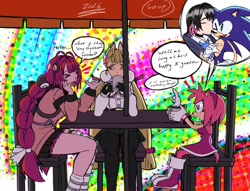 Size: 2048x1566 | Tagged: safe, artist:soop215, amy rose, sonic the hedgehog, human, 2026, abstract background, alice thymefield, chair, crossover, crossover shipping, cup, ellen joe, english text, eyes closed, female, holding something, humanoid, implied shipping, implied sonamy, implied straight, kiss, kiss on cheek, looking at them, male, mouth open, mug, shipping, sitting, smile, speech bubble, straight, table, trio, yuzuha ukinami, zenless zone zero