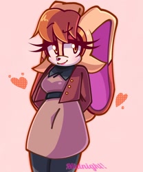 Size: 1288x1547 | Tagged: safe, artist:artangelo381341, vanilla the rabbit, rabbit, clothes, dress, female, fully clothed, heart, jacket, leggings, looking at viewer, smile, smiling at viewer, solo, standing