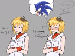Size: 2048x1536 | Tagged: safe, artist:superguy551, sonic the hedgehog, 2026, arms folded, blushing, crossover, crossover shipping, duo, frown, grey background, heather mason, shipping, silent hill, simple background, straight, thought bubble