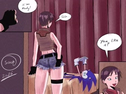 Size: 2935x2200 | Tagged: safe, artist:superguy551, sonic the hedgehog, human, 2026, bed, comic, crossover, crossover shipping, duo, english text, female, holding something, indoors, looking at them, male, mouth open, rebecca chambers, resident evil, shipping, sitting, smile, speech bubble, standing