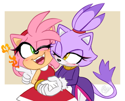 Size: 1781x1449 | Tagged: safe, artist:yoshiyoshi700, amy rose, blaze the cat, cat, hedgehog, 2026, amy x blaze, amybetes, blazebetes, blushing, cute, duo, fangs, female, fire, flame, holding hands, hugging, lesbian, looking at each other, one eye closed, shipping, smile, standing