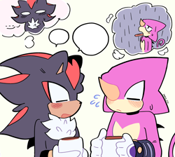 Size: 2048x1832 | Tagged: safe, artist:jemix_llx, espio the chameleon, shadow the hedgehog, hedgehog, 2026, chameleon, cup, cute, drinking rain, duo, espibetes, eyes closed, flat colors, frown, gay, holding something, male, mug, rain, shadowbetes, shadpio, shipping, simple background, speech bubble, sweatdrop, white background