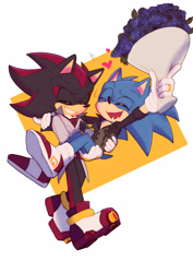 Size: 1448x2048 | Tagged: safe, artist:moutldon, shadow the hedgehog, sonic the hedgehog, hedgehog, 2021, bottomless, bouquet, carrying them, clothes, duo, eyes closed, flower, gay, happy, heart, heart tongue, holding something, male, marriage, mouth open, open smile, ring (jewelry), rose, shadow x sonic, shipping, smile, standing, walking, wedding ring