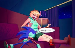 Size: 2329x1500 | Tagged: safe, artist:ftpickaxe, artist:superguy551, sonic the hedgehog, human, 2026, collaboration, couch, crossover, crossover shipping, duo, english text, exclamation mark, eyes closed, female, indoors, lamp, looking at them, lying down, male, mouth open, shipping, sitting, speech bubble, star (sky), straight, window, zzz