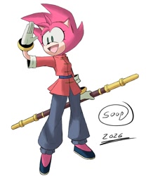 Size: 1247x1500 | Tagged: safe, artist:superguy551, amy rose, hedgehog, 2026, alternate outfit, alternate shoes, chinese clothes, commission, female, hand up, holding something, mouth open, pants, shirt, simple background, smile, solo, standing, white background