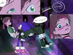 Size: 1200x900 | Tagged: safe, artist:superguy551, sonic the hedgehog, 2026, blushing, carrying them, comic, crossover, crossover shipping, duo, english text, female, looking at each other, looking at them, male, rebecca chambers, resident evil, shipping, smile, speech bubble, standing, straight
