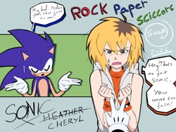 Size: 1440x1080 | Tagged: safe, artist:superguy551, sonic the hedgehog, human, 2026, character name, crossover, duo, english text, female, grey background, heather mason, janken game acchi muite hoi!, looking at viewer, male, mouth open, rock paper scissors, silent hill, simple background, smile, speech bubble