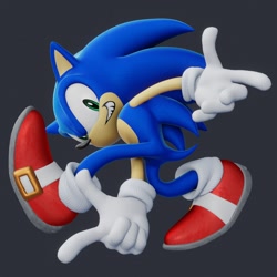 Size: 2048x2048 | Tagged: safe, artist:sxnicgraphix3d, sonic the hedgehog, hedgehog, sonic adventure, 2026, 3d, adventure pose, clenched teeth, grey background, looking at viewer, male, nike mouth, pointing, posing, redraw, simple background, smile, smiling at viewer, solo