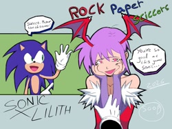 Size: 1200x896 | Tagged: safe, artist:superguy551, sonic the hedgehog, 2026, character name, crossover, darkstalkers, duo, english text, female, grey background, hands on own face, janken game acchi muite hoi!, lilith (darkstalkers), looking at viewer, male, mouth open, rock paper scissors, simple background, smile, speech bubble, wings