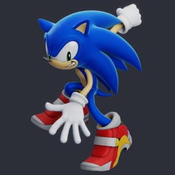 Size: 2048x2048 | Tagged: safe, artist:sxnicgraphix3d, sonic the hedgehog, hedgehog, sonic adventure 2, 2026, 3d, clenched fist, clenched teeth, grey background, looking at viewer, male, nike mouth, posing, redraw, simple background, smile, smiling at viewer, soap shoes, solo