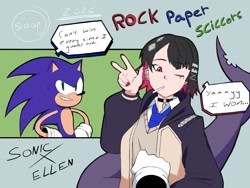 Size: 2000x1500 | Tagged: safe, artist:superguy551, sonic the hedgehog, 2026, character name, crossover, duo, ellen joe, english text, female, grey background, grin, humanoid, janken game acchi muite hoi!, male, one eye closed, rock paper scissors, simple background, smile, speech bubble, zenless zone zero