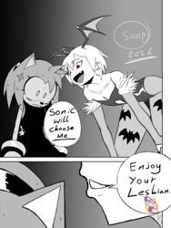 Size: 1125x1500 | Tagged: safe, artist:superguy551, amy rose, blaze the cat, 2026, bending over, comic, cross popping vein, crossover, darkstalkers, duo, english text, female, greyscale, humanoid, implied blazamy, implied lesbian, implied shipping, implied sonic, implied straight, lilith (darkstalkers), looking at them, monochrome, mouth open, smile, speech bubble, spot color, wings