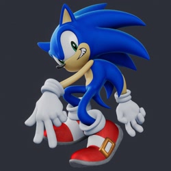 Size: 2048x2048 | Tagged: safe, artist:sxnicgraphix3d, sonic the hedgehog, hedgehog, sonic adventure, 2026, 3d, backwards v sign, grey background, looking at viewer, male, nike mouth, posing, redraw, simple background, smile, smiling at viewer, solo, v sign