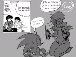 Size: 2048x1536 | Tagged: safe, artist:superguy551, sonic the hedgehog, human, 2026, crossover, crossover shipping, darkstalkers, duo, english text, eyes closed, grey background, greyscale, kneeling, lilith (darkstalkers), looking at them, monochrome, mouth open, redraw, reference inset, shipping, shouting, simple background, sketch, speech bubble, standing, straight