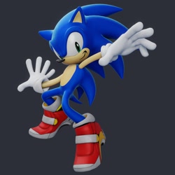 Size: 2048x2048 | Tagged: safe, artist:sxnicgraphix3d, sonic the hedgehog, hedgehog, sonic adventure 2, 2026, 3d, grey background, looking at viewer, male, nike mouth, posing, reaching out, redraw, simple background, smile, smiling at viewer, soap shoes, solo