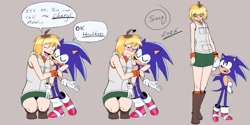 Size: 3000x1500 | Tagged: safe, artist:superguy551, sonic the hedgehog, human, 2026, blushing, crossover, crossover shipping, crouching, duo, english text, eyes closed, female, grey background, heather mason, holding hands, looking at them, male, mouth open, shipping, silent hill, simple background, smile, speech bubble, standing, straight