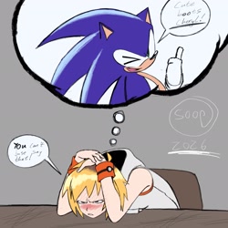 Size: 2048x2048 | Tagged: safe, artist:superguy551, sonic the hedgehog, human, 2026, blushing, crossover, crossover shipping, duo, grey background, hands on own head, heather mason, shipping, silent hill, simple background, sitting, smile, straight, thought bubble, wink