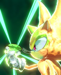 Size: 881x1080 | Tagged: safe, artist:sxnicgraphix3d, sonic the hedgehog, super sonic, hedgehog, 2024, chaos emerald, faux 3d, gradient background, holding something, lineless, looking at something, male, side view, smile, solo, super form