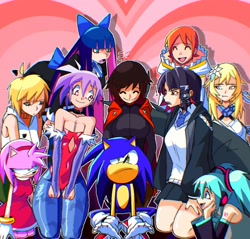 Size: 1570x1500 | Tagged: safe, artist:adriwindgb, artist:superguy551, amy rose, princess elise, sonic the hedgehog, human, 2026, character request, collaboration, crossover, crossover shipping, darkstalkers, ellen joe, eyes closed, female, frown, group, hatsune miku, head rest, heather mason, humanoid, lilith (darkstalkers), looking at them, male, mouth open, panty and stocking with garterbelt, shipping, silent hill, sitting, smile, stocking (psg), straight, vocaloid, zenless zone zero