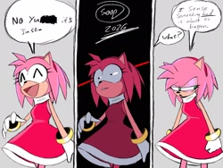 Size: 2048x1536 | Tagged: safe, artist:superguy551, amy rose, 2026, comic, english text, eyes closed, female, grey background, lidded eyes, mouth open, smile, solo, speech bubble, standing