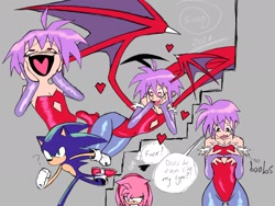 Size: 2048x1536 | Tagged: suggestive, artist:superguy551, amy rose, sonic the hedgehog, 2026, blushing, crossover, crossover shipping, darkstalkers, english text, female, flat chest, heart, humanoid, lilith (darkstalkers), male, mouth open, shipping, simple background, smile, speech bubble, standing, straight, thought bubble, trio, wings
