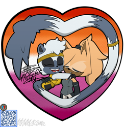 Size: 1894x1945 | Tagged: safe, artist:ftwk_comic, tangle the lemur, whisper the wolf, lemur, wolf, 2026, alternate outfit, clothes, duo, eyes closed, female, happy, heart, hugging, lesbian, qr code, shipping, signature, simple background, smile, sticker design, tangle x whisper, transparent background