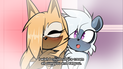 Size: 2560x1439 | Tagged: suggestive, artist:qqhoneydew_, tangle the lemur, whisper the wolf, lemur, wolf, 2025, bathroom, blushing, dialogue, duo, english text, eyes closed, female, hair over one eye, indoors, lesbian, open mouth, shipping, tangle x whisper, text, towel, wat