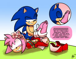 Size: 2184x1687 | Tagged: safe, artist:qqhoneydew_, amy rose, sonic the hedgehog, hedgehog, absurd res, alternate outfit, amy x sonic, barefoot, bondage, clothes, daytime, dialogue, duo, eye twitch, female, fetish, flower, foot fetish, laughing, lidded eyes, lying down, lying on front, male, outdoors, shipping, shoes off, shrunken pupils, signature, sitting, smile, smirk, speech bubble, straight
