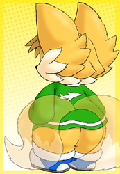 Size: 548x790 | Tagged: suggestive, artist:thecosmicfool, miles "tails" prower, fox, 2022, blue shoes, bootyfull tails, border, bottomless, butt, chibi, chubby, ear fluff, femboy, fluffy, from behind, leg fluff, male, solo, standing, sweater, tail fluff, thick thighs, transparent tail