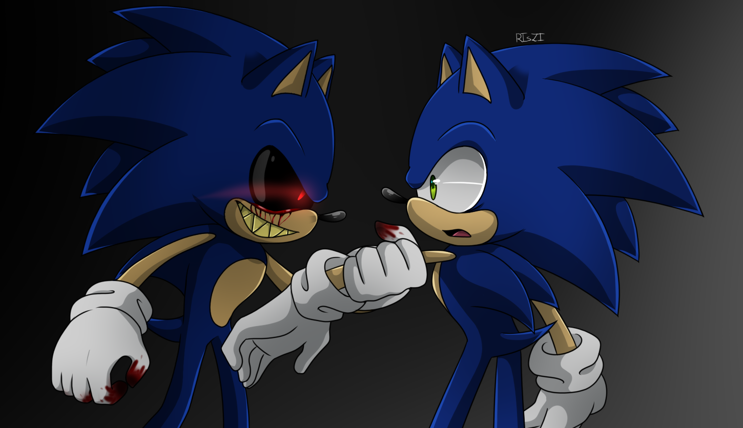 6613 - semi-grimdark, artist:classicmariposazul, sonic the hedgehog, oc,  oc:sonic.exe, hedgehog, green hill zone, 2015, abstract background, black  sclera, bleeding from eyes, blood, gloves, looking back at viewer, male,  mouth open, palm tree