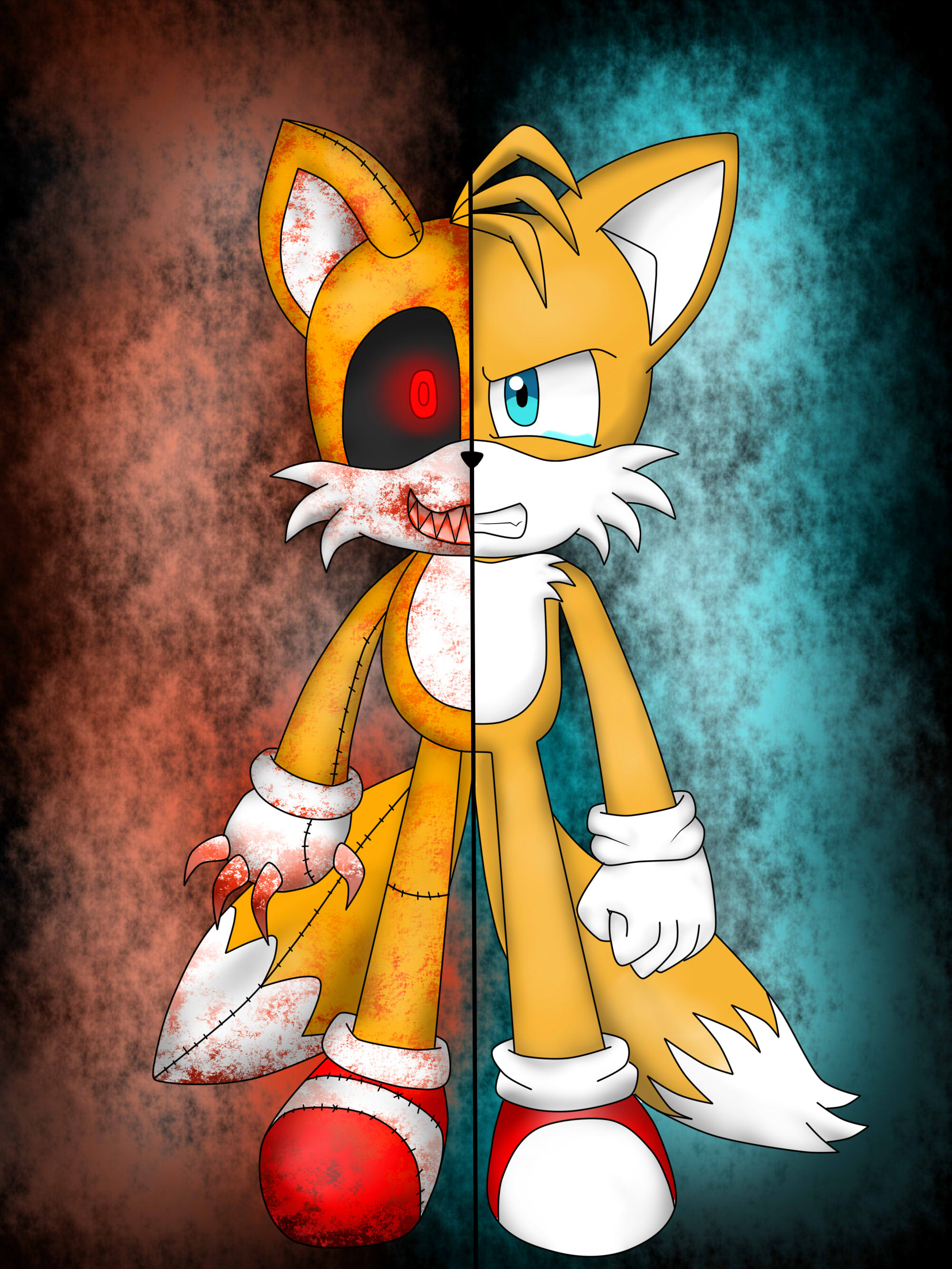 8213 - semi-grimdark, artist:evilmoka, miles tails prower, oc, oc:tails. exe, black sclera, bleeding from eyes, blood, friday night funkin, glowing  eyes, grey background, looking at viewer, no mouth, red eyes, simple  background, solo 