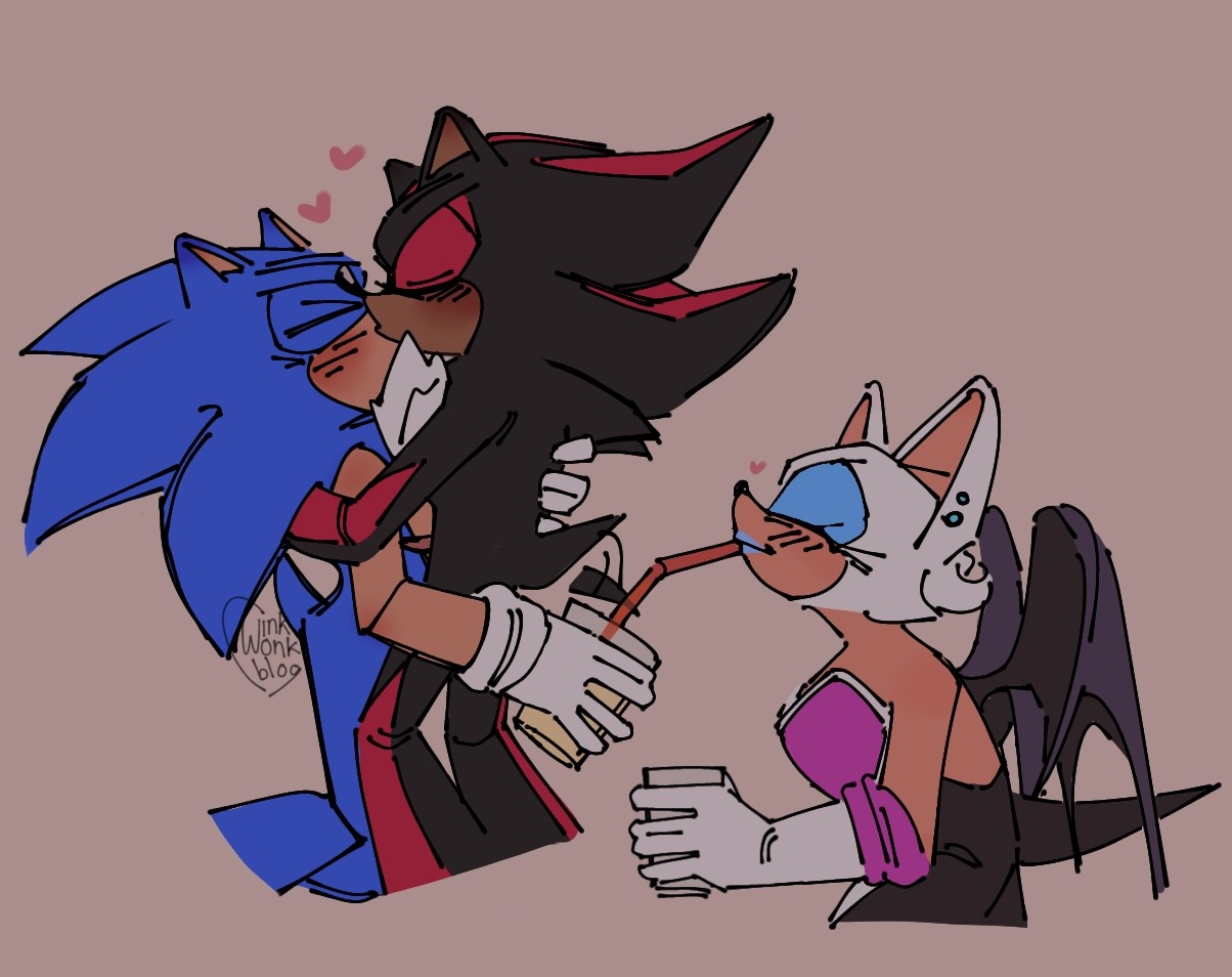 9367 - safe, artist:winkwonkblog, rouge the bat, shadow the hedgehog, sonic  the hedgehog, blushing, brown background, drink, drinking, ear piercing,  eyes closed, female, gay, heart, holding each other, holding something, kiss,  male