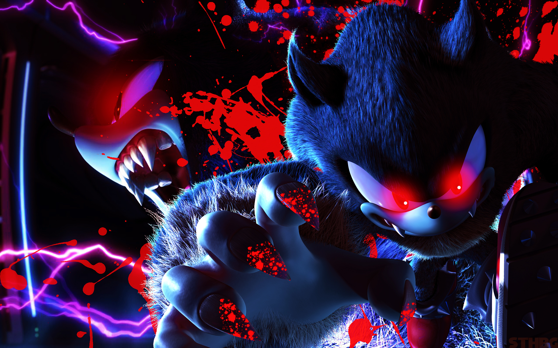 6613 - semi-grimdark, artist:classicmariposazul, sonic the hedgehog, oc,  oc:sonic.exe, hedgehog, green hill zone, 2015, abstract background, black  sclera, bleeding from eyes, blood, gloves, looking back at viewer, male,  mouth open, palm tree
